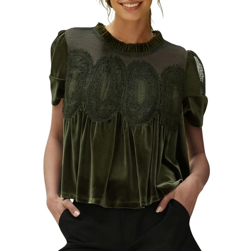 セオリア レディース トップス プルオーバー メッシュ トップ スピード競技 Seoria Women\u0027s Lacembroidery Blouse Mesh Splicing Round Neck Puff Sleeve Loose Casual Top Army Green 緑であること