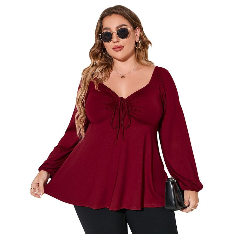 コジョイン レディース トップス シャツ Vネック ハイウエスト プラスサイズ ブラウス Kojooin Plusize Tops For Women Lantern Sleeve V Neck High Waist Blouse Shirt Wine Red レッド｜ReVida 店 9,840円