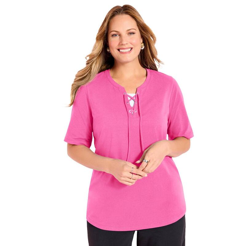 キャサリンズ レディース トップス Tシャツ プラスサイズ レース Catherines Women's Plusize Suprema Lace-Up Tee Paradise Pink ピンク|ReVida 店