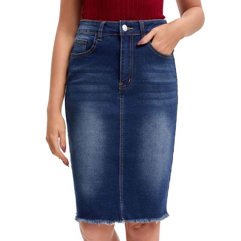 インスパイア シック レディース ボトムスカート ひざ丈 デニム INSPIRE CHIC Women's Denim Skirt Raw Hem High Waisted Pocketstretch Knee Length Jean Skirts Black Blue ブラック|ReVida 店
