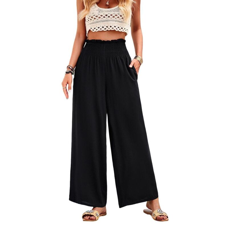 コジョイン レディース ボトムス カジュアルパンツ ワイドレッグ ハイウエスト Kojooin Women's High Waist Wide Leg Beach Pants Loose Fitted Summer Palazzo Trousers with Pockets Black ブラック|ReVida 店