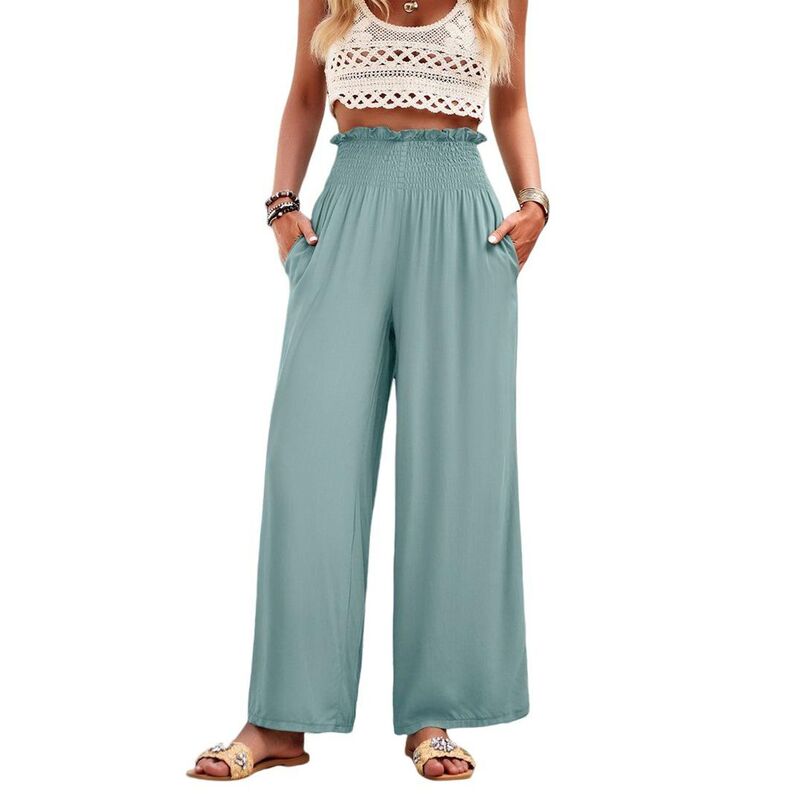 コジョイン レディース ボトムス カジュアルパンツ ワイドレッグ ハイウエスト Kojooin Women's High Waist Wide Leg Beach Pants Loose Fitted Summer Palazzo Trousers with Pockets Green グリーン|ReVida 店