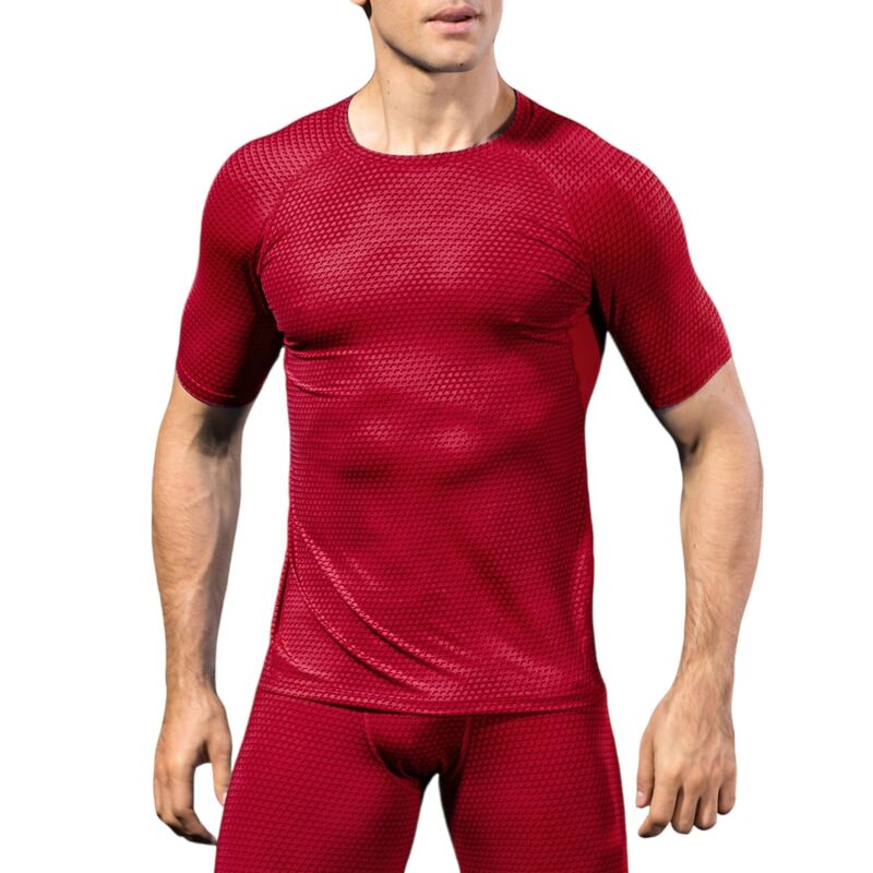 アンナカシ レディース トップス Tシャツ Anna-Kaci Mens Honeycomb Textured Compression Shirt with Short Sleeves and Stretch Fit Red レッド|ReVida 店