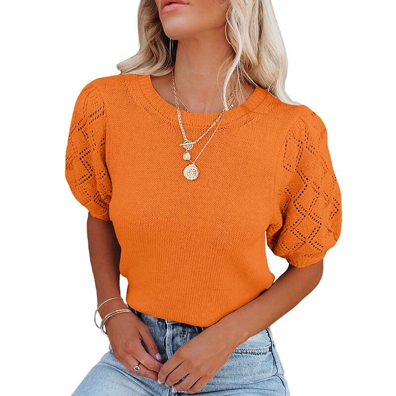 ミスキー レディース トップス Tシャツ クルーネック セーター ブラウス ニット MISSKY Womensweaters Crewnecknit Pullover Topsummer Lightweight Diamond Crochet Sleeve Blouse Shirt Light Orange オレンジ｜ReVida 店