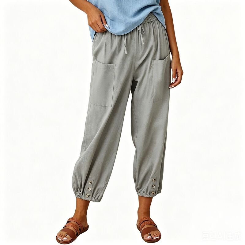 クリアフラワー レディース ボトムス カジュアルパンツ ワイドレッグ ドローコードウエスト クロップド キャップ ClearFlower Women's Fall Casual Jogger Pants Drawstring Waist Button Cuff Pocket Wide Leg Cropped Capri Pants Light Gray グレー|ReVida 店