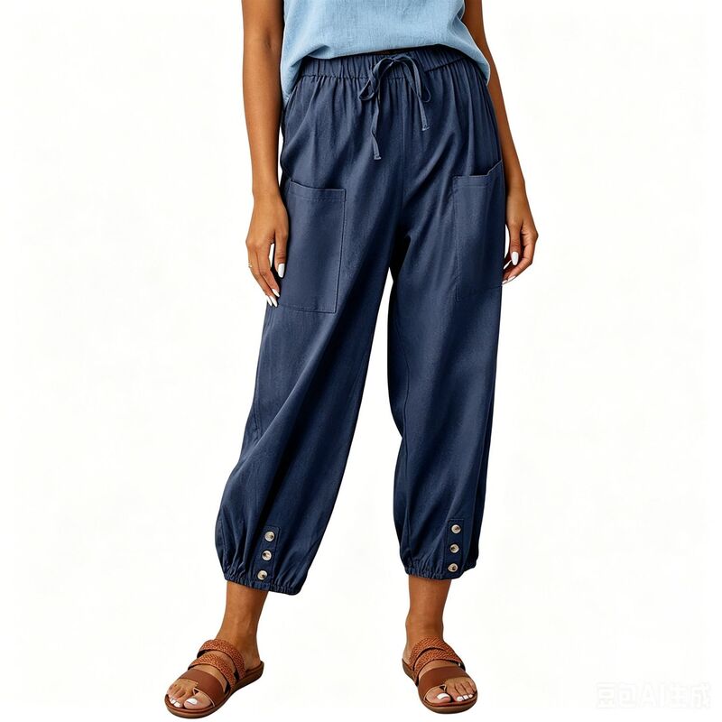 クリアフラワー レディース ボトムス カジュアルパンツ ワイドレッグ ドローコードウエスト クロップド キャップ ClearFlower Women's Fall Casual Jogger Pants Drawstring Waist Button Cuff Pocket Wide Leg Cropped Capri Pants Navy Blue ネイビー|ReVida 店