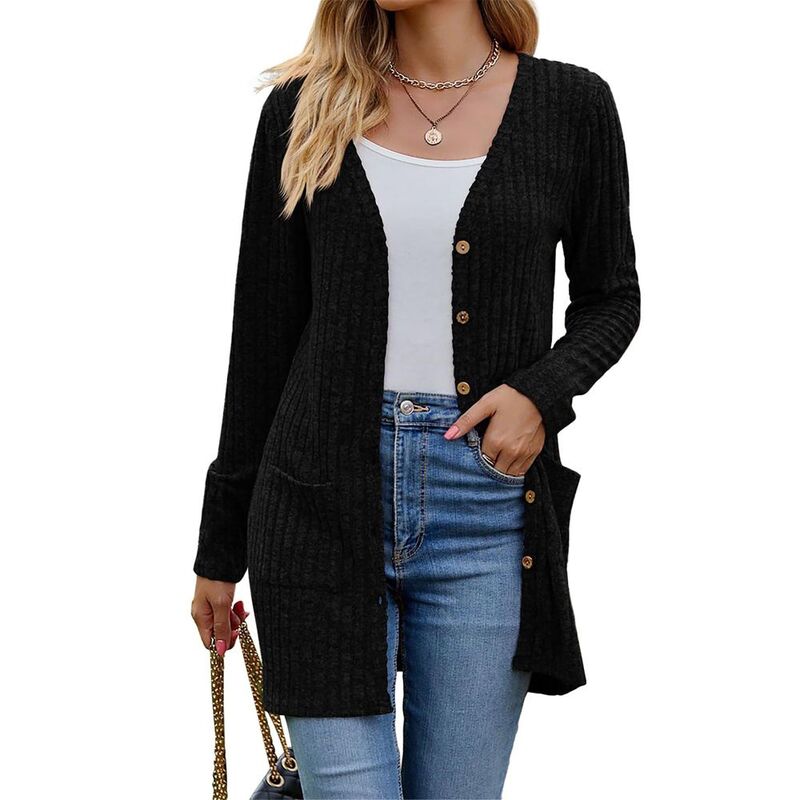 エリートスピリット レディース アウター ニット・セーター リブ カーディガン EliteSpirit Women'sweater Cardigan Ribbed Knit Long Sleeve Open Front Sweater Black ブラック|ReVida 店