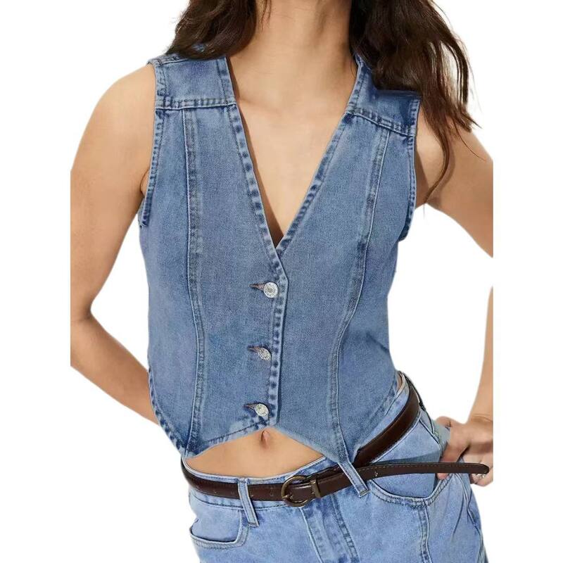 イエスファッション レディース トップス Tシャツ ボタンダウン ベスト ノースリーブ ダウン クロップド デニム Yesfashion Women's Denim Vest Button Down Sleeveless Jean Vestop Y2K Croppedenim Top Midi Blue ブルー｜ReVida 店