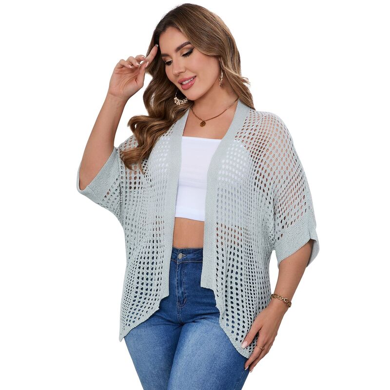 セオリア レディース アウター ニット・セーター プラスサイズ カーディガン Seoria Plusize Cardigan for Women Half Sleeve Lightweight Knitted Cover up Grey Blue グレー|ReVida 店