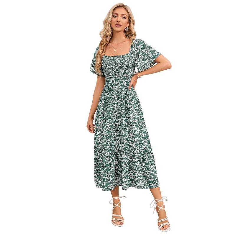 セオリア レディース トップス ワンピース フリル裾 フラワー柄 フリル マキシ フラワー Seoria Women's Floral Elegant Square Neck Ruffle Hemaxi Dress Green グリーン｜ReVida 店