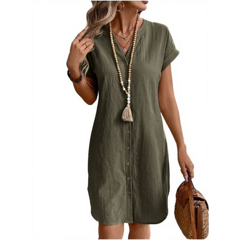 イエスファッション レディース トップス ワンピース Vネック ボタンダウン ミディ シャツ ダウン Yesfashion Women's Midi Shirt Dresses Button Down Short Sleeve V Neck Casual Dress Army Green グリーン|ReVida 店