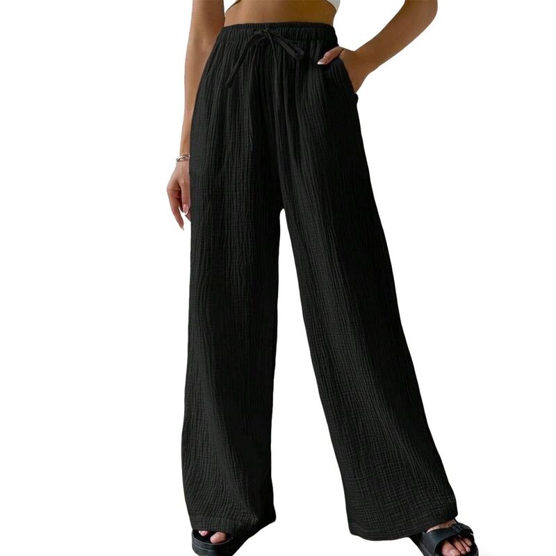 エリートスピリット レディース ボトムス カジュアルパンツ ワイドレッグ EliteSpirit Womens Elastic Waist Drawstring Textured Wide Leg Pants with Side Pockets Black ブラック|ReVida 店