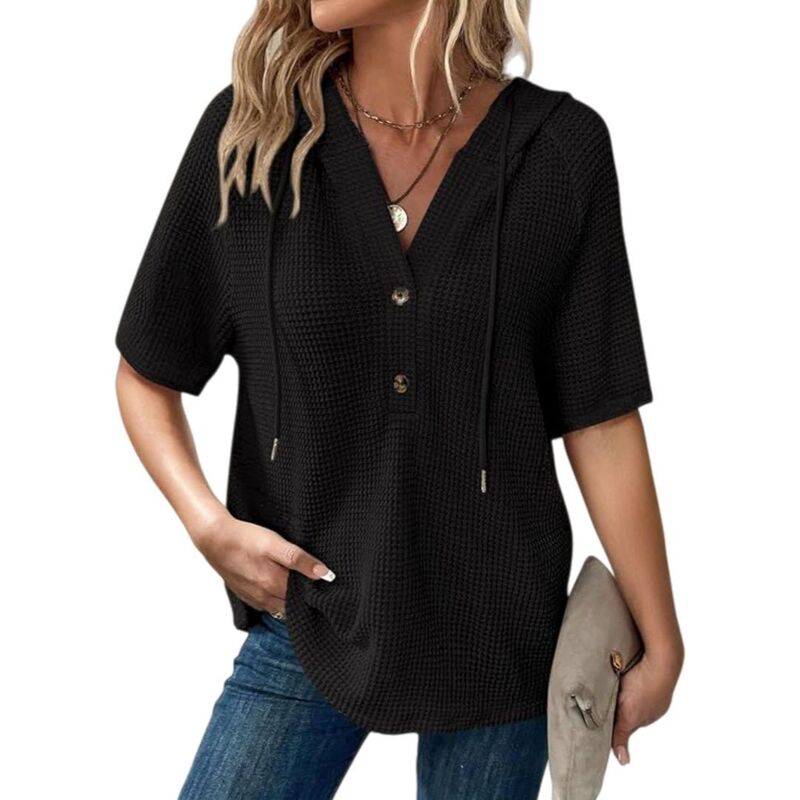 イエスファッション レディース トップス Tシャツ Vネック ブラウス ニット パーカー Yesfashion Womens Tops Waffle Knit Short Sleeve Drawstring Hoodies Button V Neck Casual Blouseshirts Black ブラック|ReVida 店