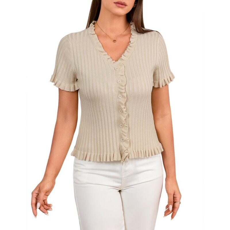 ボディサイズ レディース トップス Tシャツ Vネック ボタンダウン フリル セーター カーディガン ダウン BODDYSIZE Women's Casual Ruffled Short Sleeve Cardigan Button Down V Neck Pullover Sweater Apricot アプリコット｜ReVida 店