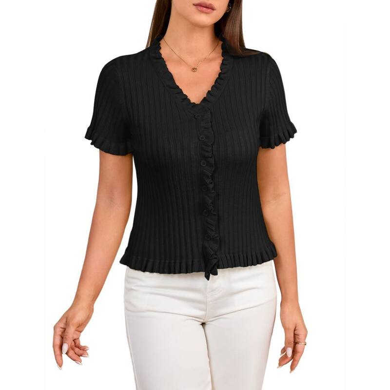 ボディサイズ レディース トップス Tシャツ Vネック ボタンダウン フリル セーター カーディガン ダウン BODDYSIZE Women's Casual Ruffled Short Sleeve Cardigan Button Down V Neck Pullover Sweater Black ブラック｜ReVida 店