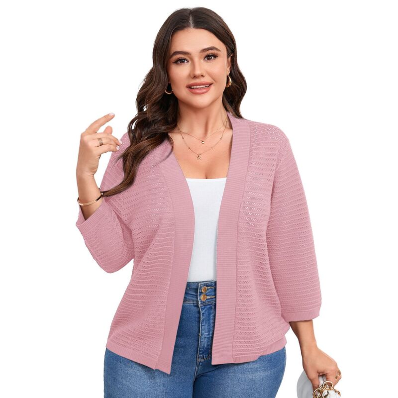 セオリア レディース アウター ニット・セーター プラスサイズ カーディガン Seoria Plusize 3/4 Sleeve Cardigan for Women Lightweight Hollow Out Knitted Topink ピンク｜ReVida 店