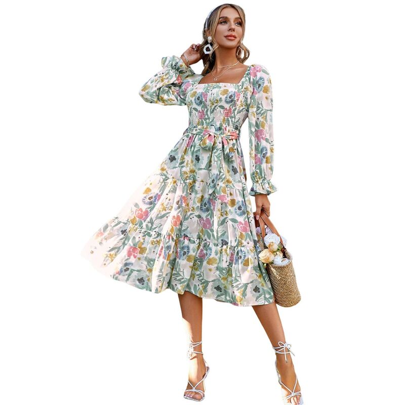 セオリア レディース トップス ワンピース フラワー柄 フラワー Seoria Women Square Neck Floral Dress Long Sleeve Boho Weddinguest Dresses Green Floral グリーン｜ReVida 店