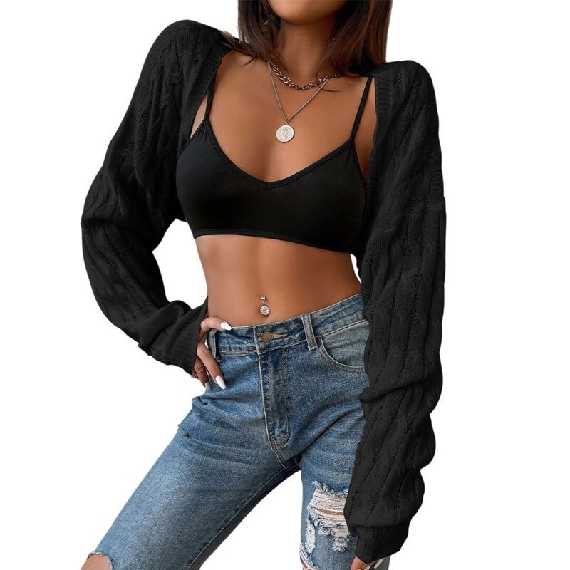 イエスファッション レディース アウター ニット・セーター ドロップショルダー カーディガン Yesfashion Womens Long Sleeve Open Front Crop Drop Shoulder Shrugs Knit Bolero Sweater Cardigan Black ブラック｜ReVida 店
