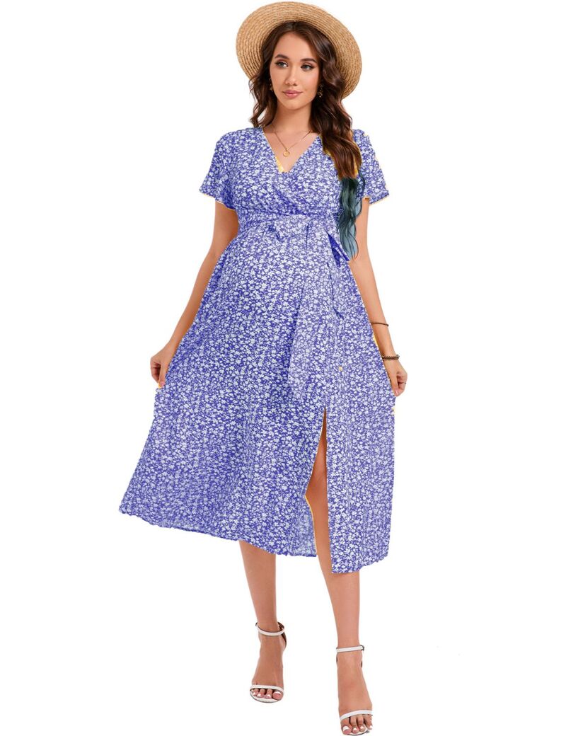 エリートチョイス レディース トップス ワンピース Vネック マタニティ Elitechoice Women's Maternity Dress Festive Nursing Dress V-Neck Short Sleeve With Waist Belt Blue ブルー|ReVida 店