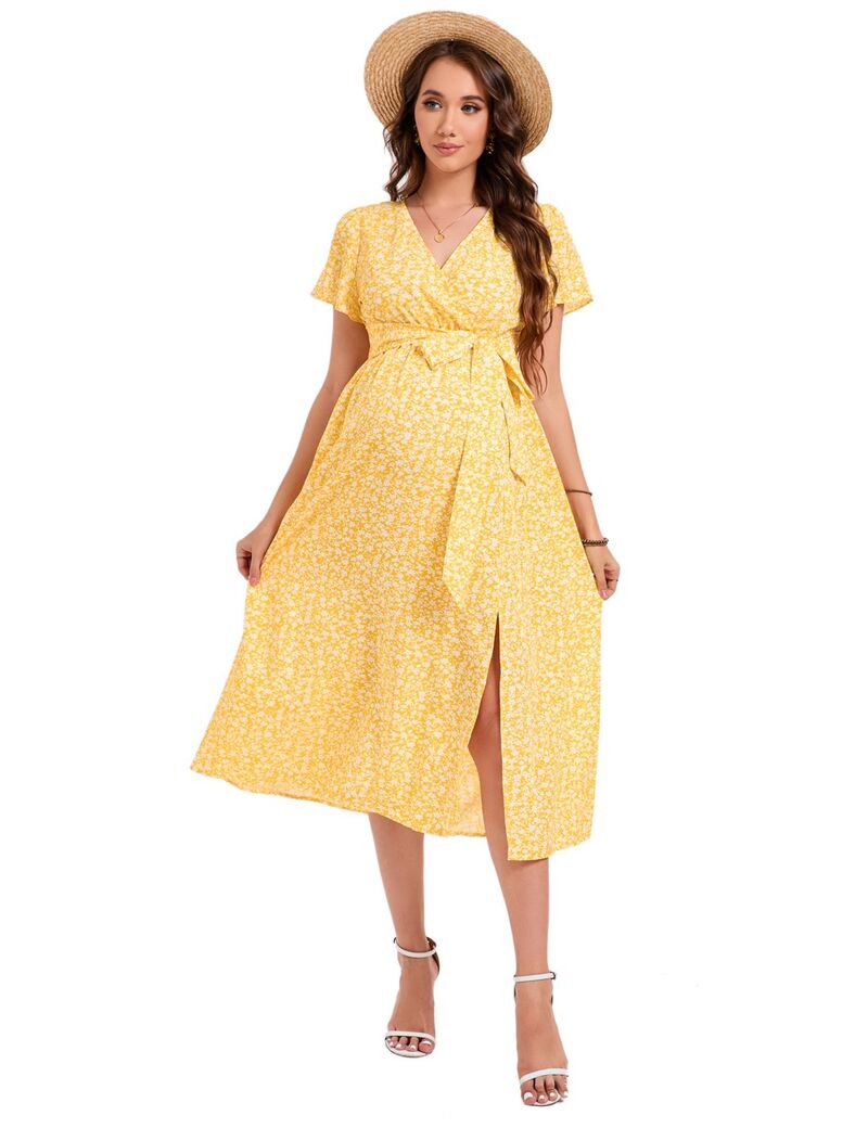 エリートチョイス レディース トップス ワンピース Vネック マタニティ Elitechoice Women's Maternity Dress Festive Nursing Dress V-Neck Short Sleeve With Waist Belt Yellow イエロー|ReVida 店