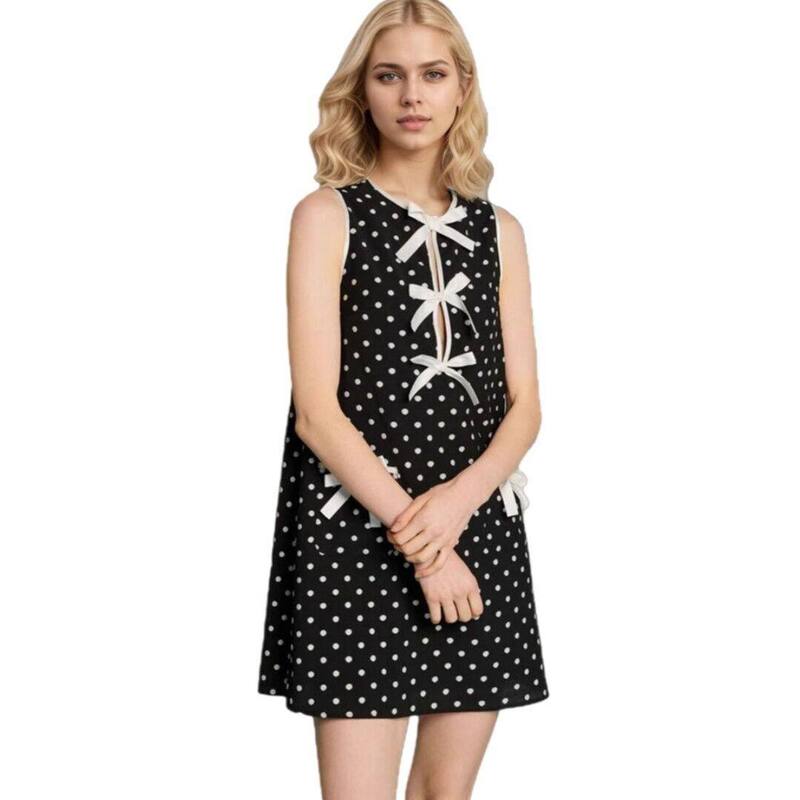 イエスファッション レディース トップス ワンピース ドット柄 ドット ノースリーブ Yesfashion Women's Bow Front Polka Dot Sleeveless Dress Elegant Classic Style Black ブラック｜ReVida 店
