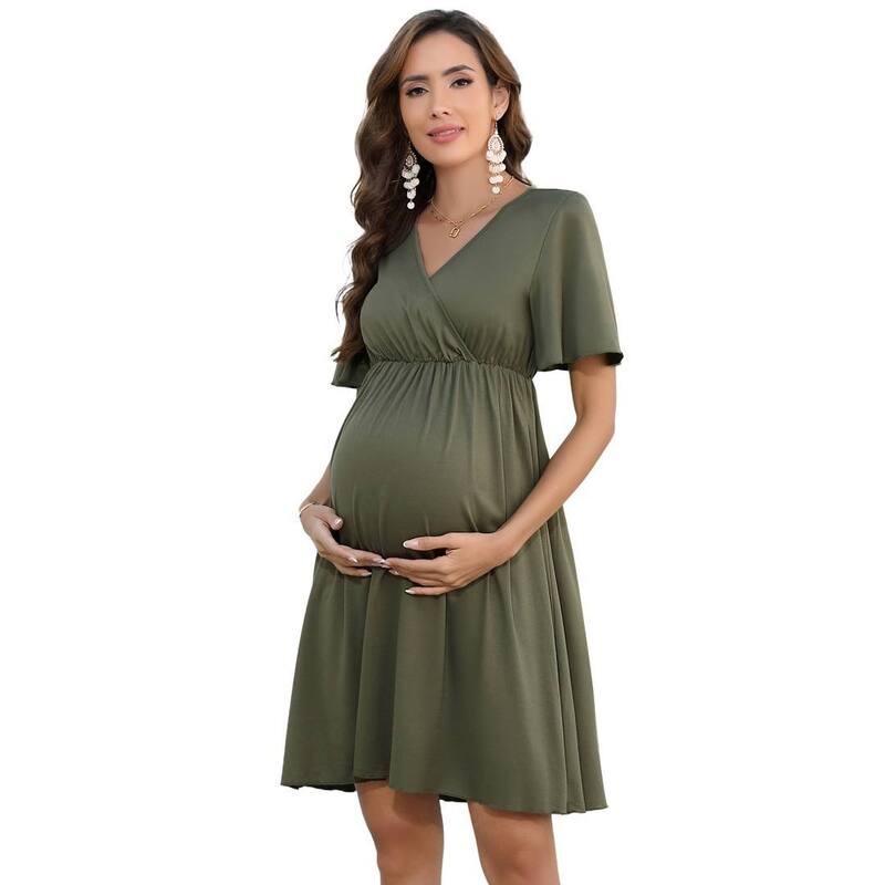 イエスファッション レディース トップス ワンピース Vネック A ライン ミディ マタニティ Yesfashion Women's Maternity Wrap Dresshort Sleeve V Neck A Line Casual Midi Dress Olive Green グリーン|ReVida 店