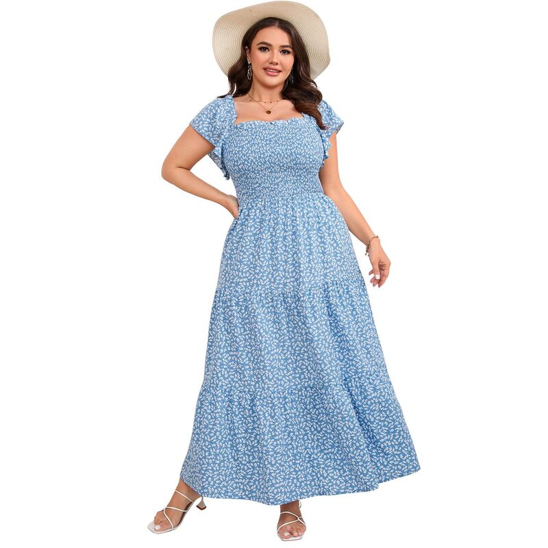 コジョイン レディース トップス ワンピース プラスサイズ フリル Kojooin Women's Plusizelegant Square Neck Ruffle Short Sleeve Dress Blue ブルー|ReVida 店