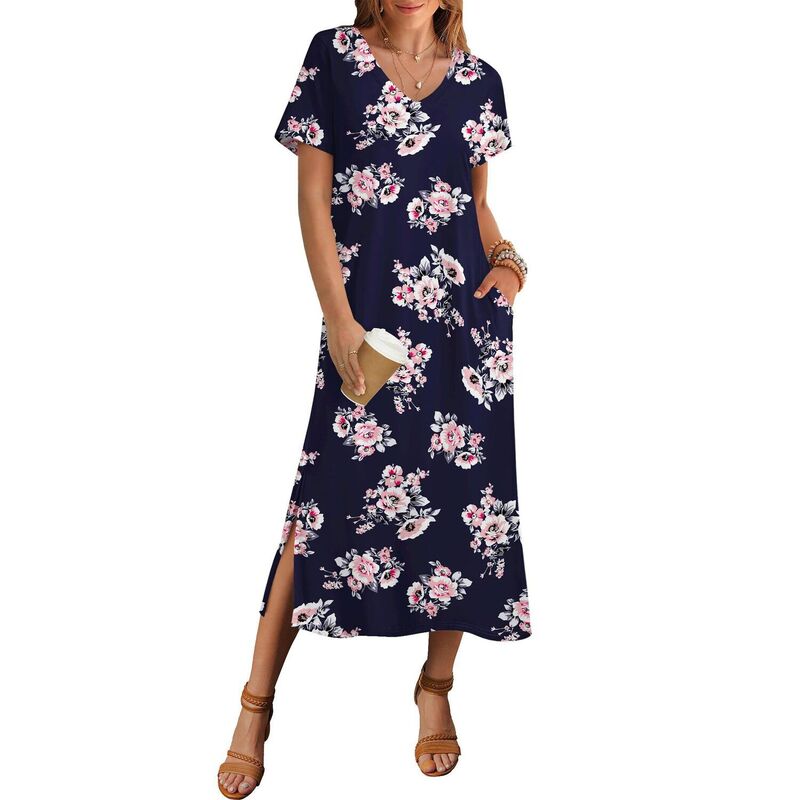 ジーグー レディース トップス ワンピース フラワー柄 マキシ フラワー Zeagoo Women'short Sleeve Floral Maxi Beach Sundress with Pockets Casualoose Long Split Dresses Black Blue Navy ブラック｜ReVida 店 10,765円