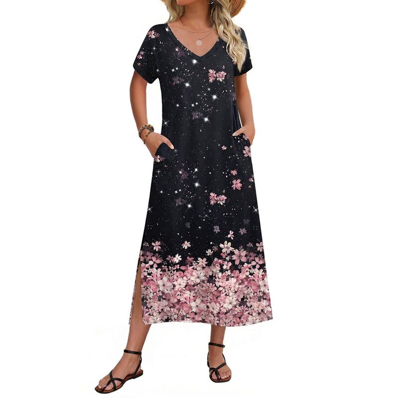 ジーグー レディース トップス ワンピース フラワー柄 マキシ フラワー Zeagoo Women'short Sleeve Floral Maxi Beach Sundress with Pockets Casualoose Long Split Dresses Black Pink Floral ブラック|ReVida 店