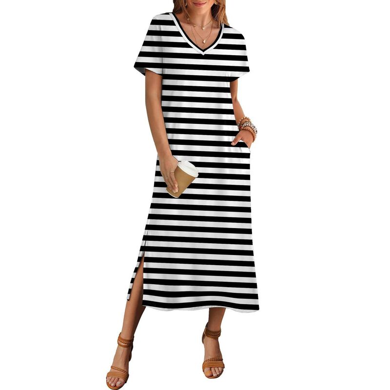 ジーグー レディース トップス ワンピース フラワー柄 マキシ フラワー Zeagoo Women'short Sleeve Floral Maxi Beach Sundress with Pockets Casualoose Long Split Dresses Black White Stripe ホワイト|ReVida 店