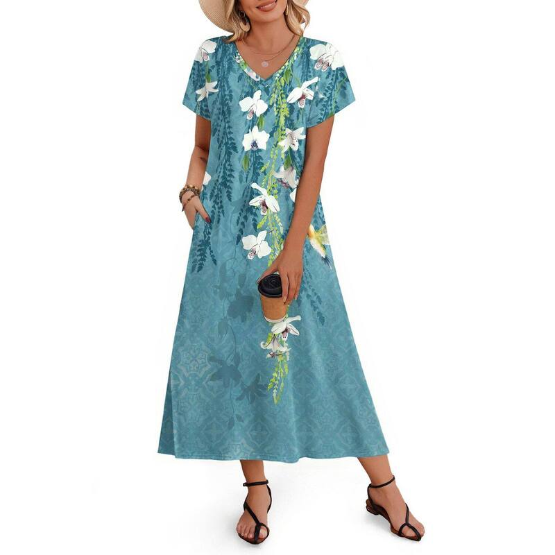 ジーグー レディース トップス ワンピース フラワー柄 マキシ フラワー Zeagoo Women'short Sleeve Floral Maxi Beach Sundress with Pockets Casualoose Long Split Dresses Floralight Blue ブルー｜ReVida 店