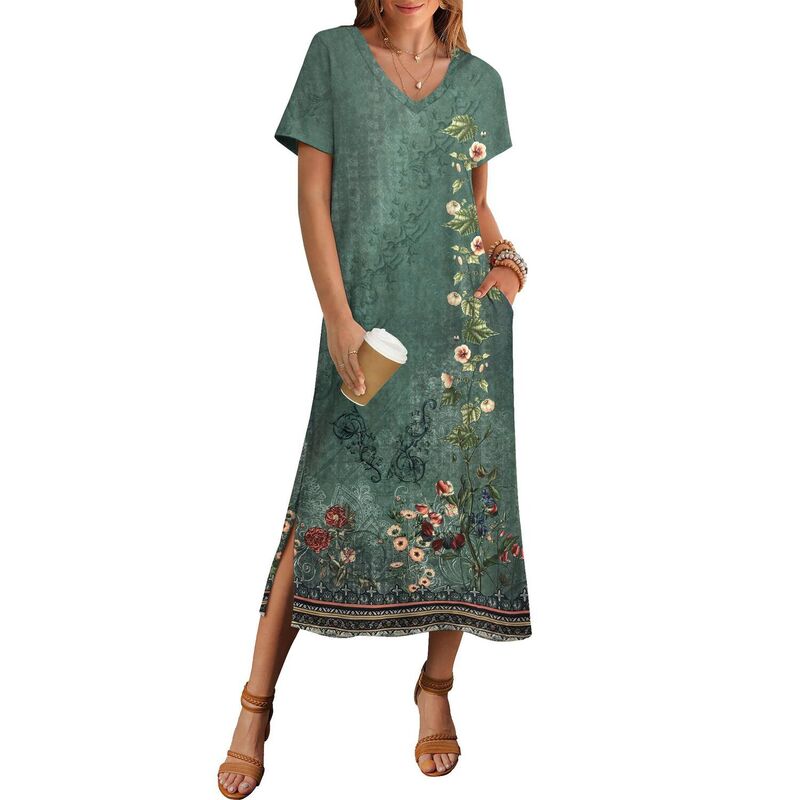 ジーグー レディース トップス ワンピース フラワー柄 マキシ フラワー Zeagoo Women'short Sleeve Floral Maxi Beach Sundress with Pockets Casualoose Long Split Dresses Green Printed グリーン|ReVida 店