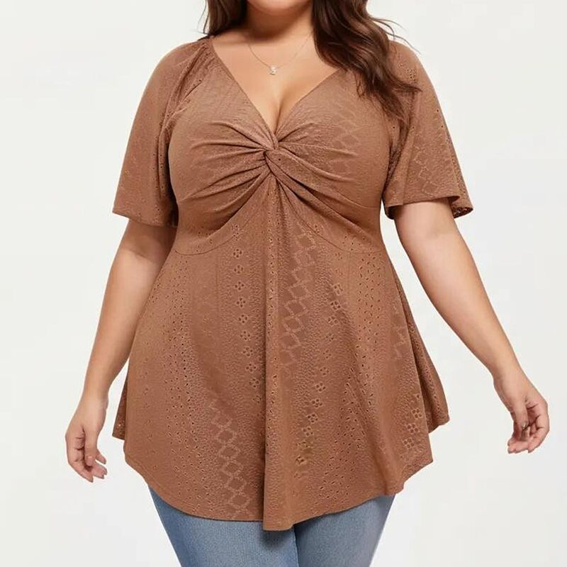 アンナカシ レディース トップス プルオーバー Vのど首 足し加える大きさ トップ Anna-Kaci Women\u0027s Plusize Short Sleeve Twist Front V Neck Peplum Top with Textured Eyelet Fabric Blouse Brown 赤銅色