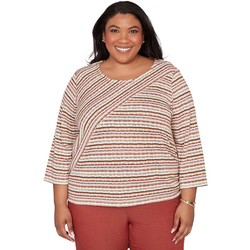 アルフレッド ダナー レディース トップス プルオーバー 足し加える大きさ ギャザー Women\u0027s Plus Alfredunner Spliced Textured Stripe Ruched Tie Top Brown Multi 赤銅色