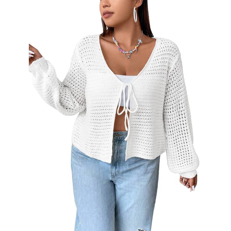 コジョイン レディース アウター ニット・セーター プラスサイズ カーディガン Kojooin Women's Plusize Cardigan Hollow Out Open Knit Sweater Ladies Fall Frontie Shrug White ホワイト|ReVida 店