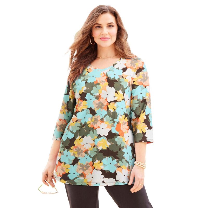 キャサリンズ レディース トップス Tシャツ Vネック プラスサイズ Catherines Women's Plusize Suprema 3/4 Sleeve V-Neck Tee Multi Stamped Floral マルチカラー|ReVida 店