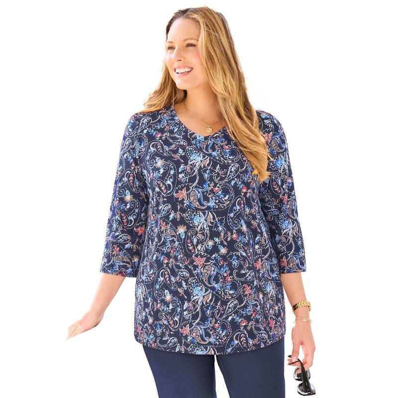 キャサリンズ レディース トップス Tシャツ Vネック プラスサイズ Catherines Women's Plusize Suprema 3/4 Sleeve V-Neck Tee Navy Fancy Paisley ネイビー|ReVida 店