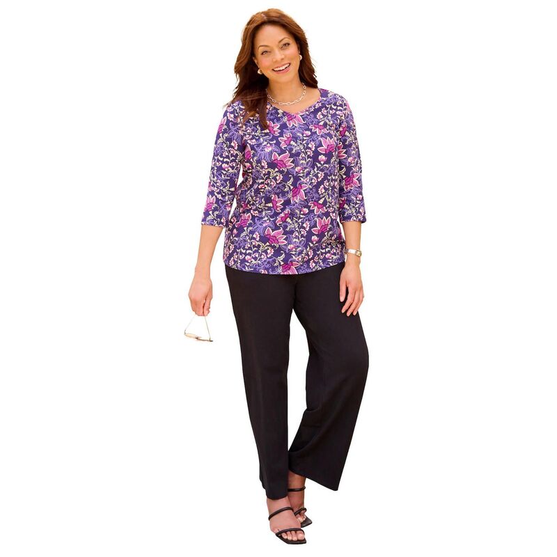 キャサリンズ レディース トップス Tシャツ Vネック プラスサイズ Catherines Women's Plusize Suprema 3/4 Sleeve V-Neck Tee Purple Batik Blossom パープル｜ReVida 店