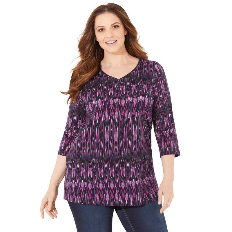 キャサリンズ レディース トップス Tシャツ Vネック プラスサイズ Catherines Women's Plusize Suprema 3/4 Sleeve V-Neck Tee Purple Tribal パープル|ReVida 店