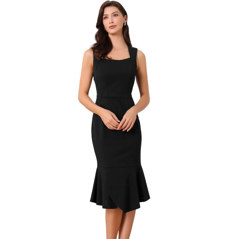 インスパイア シック レディース トップス ワンピース フリル ノースリーブ INSPIRE CHIC Sleeveless Dress for Women's Cocktail Sweetheart Neck Bodycon Fishtail Ruffles Dresses Black ブラック|ReVida 店
