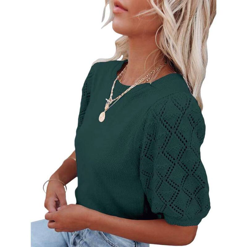 クリアフラワー レディース アウター ニット・セーター クルーネック ClearFlower Womenshort Sleeve Sweaters Crewnecknit Pullover Topsummer Casualightweight Sweaters Dark Green グリーン｜ReVida 店