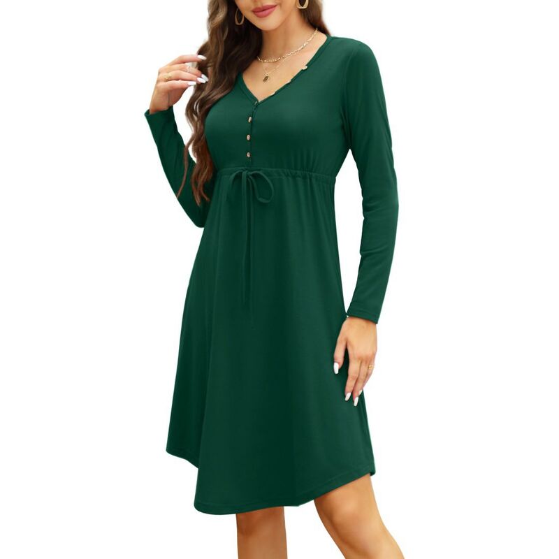 イエスファッション レディース トップス ワンピース ボタンダウン クルーネック ミディ ダウン Yesfashion Women's Long Sleeve Dress Trendy Fashion Crew Neck Button Down Fit Flare Midi Dresses Green グリーン|ReVida 店