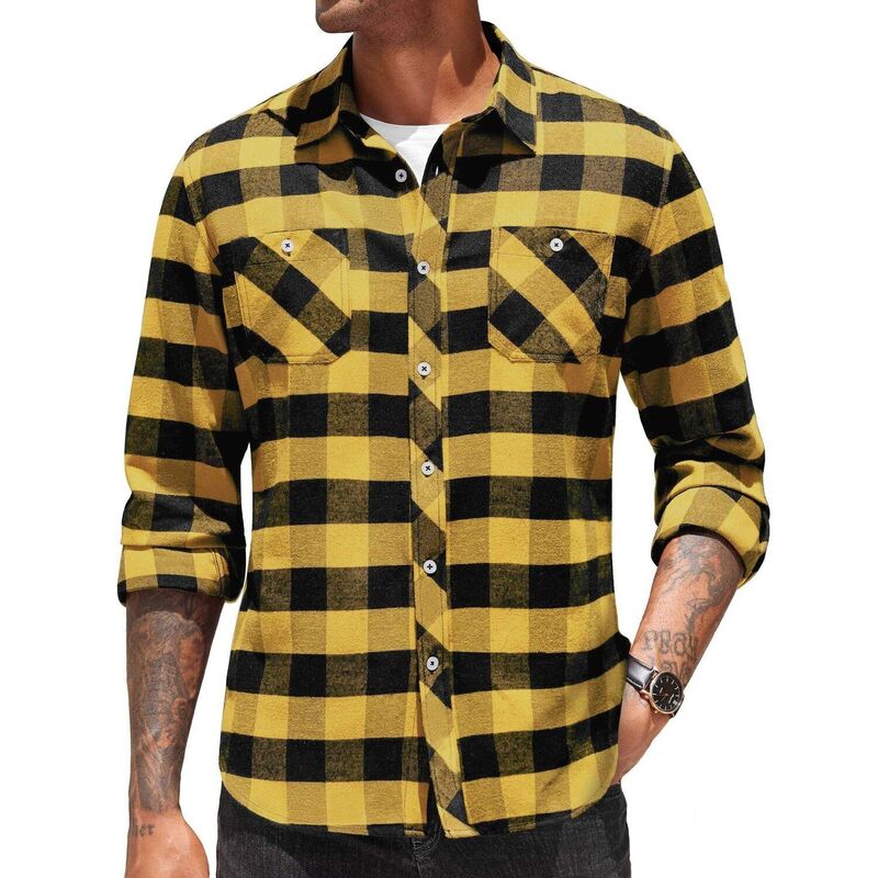 クーファンディ レディース トップス Tシャツ ボタンダウン COOFANDY Men's Flannel Plaid Shirts Long Sleeve Casual Button Down Shirt with Pockets Yellow イエロー｜ReVida 店