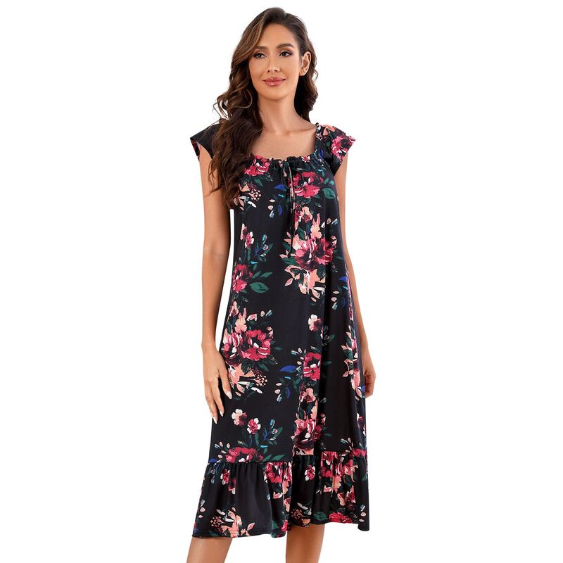 セオリア レディース アンダー御召しもの ナイト爵御召しもの 刷り上げる フラウンス Seoria Women Casual Sleepwearuffle Printed Shift Sleepdress Black Flower 黒いこと