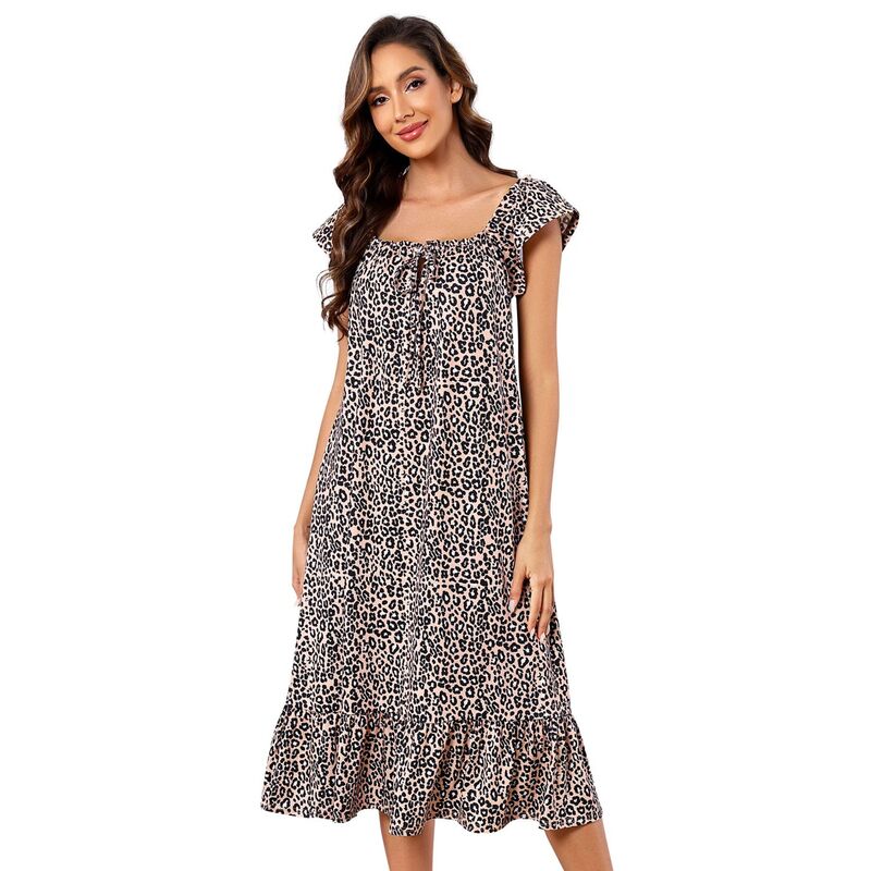 セオリア レディース アンダー御召しもの ナイト爵御召しもの 刷り上げる フラウンス Seoria Women Casual Sleepwearuffle Printed Shift Sleepdress Pink Leopard サクラ色