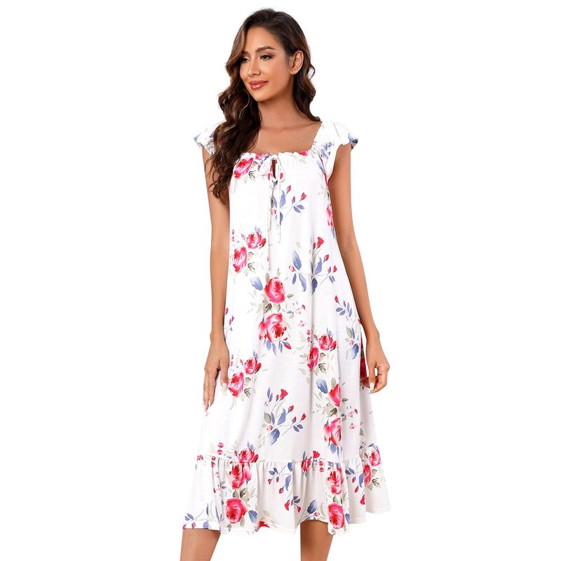 セオリア レディース アンダー御召しもの ナイト爵御召しもの 刷り上げる フラウンス Seoria Women Casual Sleepwearuffle Printed Shift Sleepdress White Flower 白いこと