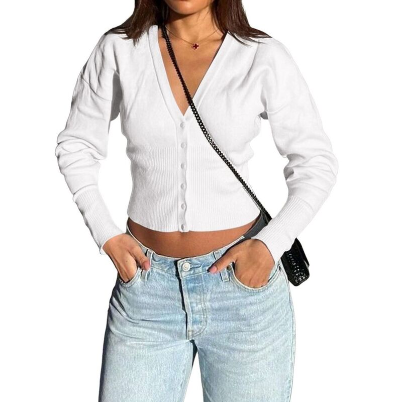 ボディサイズ レディース アウター ニット・セーター Vネック カーディガン クロップド BODDYSIZE Women's Button Up Cropped Cardigan Sweaters Cute Long Sleeve V Neck Cable Knit Lightweight Cardigan White ホワイト|ReVida 店