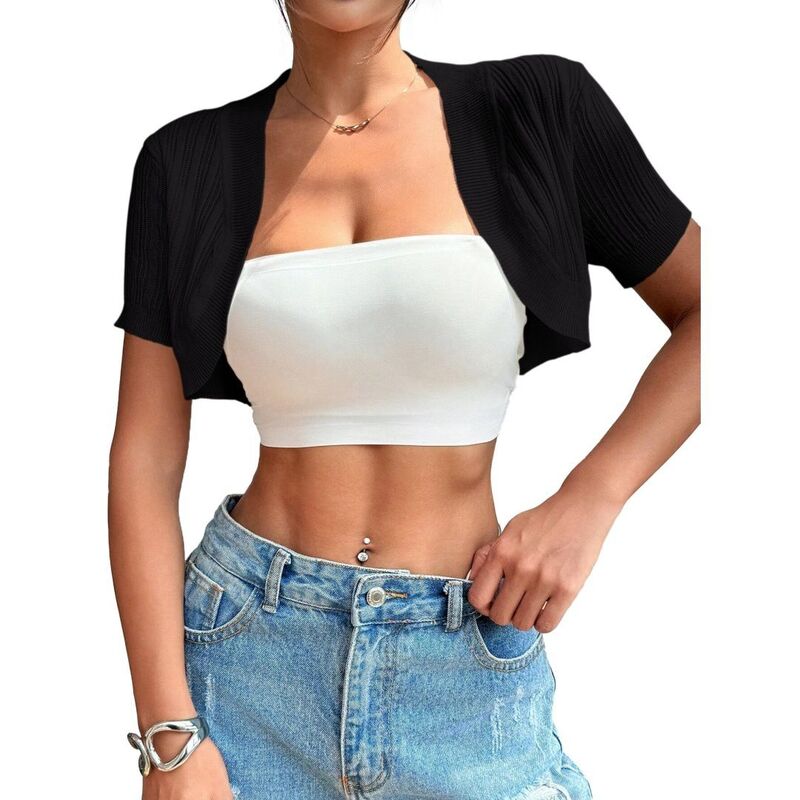ボディサイズ レディース アウター ニット・セーター スリムフィット カーディガン クロップド BODDYSIZE Women's Cardigan Sweatershort Sleeve Knit Sweater Slim Fit Lightweight Open Front Cropped Cardigan Black ブラック|ReVida 店