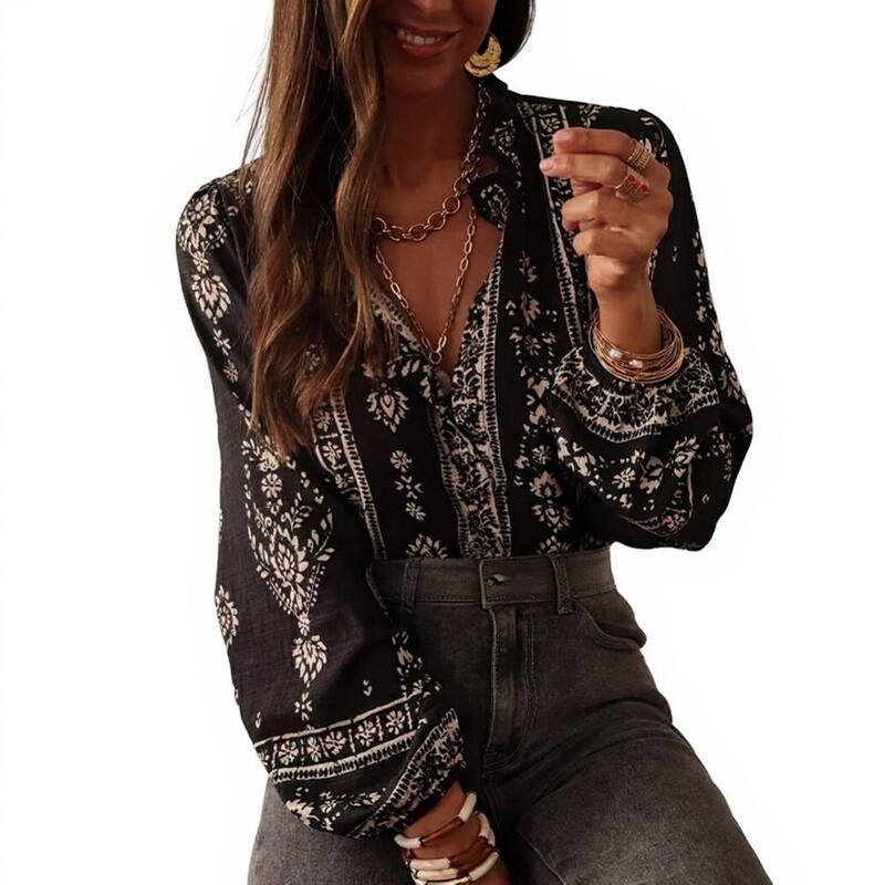 イエスファッション レディース トップス シャツ Vネック バルーンスリーブラウス Yesfashion Womens Boho Blouse Split V-Neck Button Front Balloon Sleeves Loose Fit for Casual Vacation Wear Black ブラック|ReVida 店