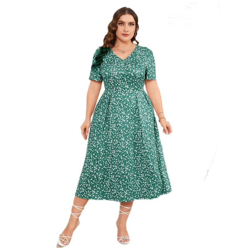 セオリア レディース トップス ワンピース Vネック フラワー柄 プラスサイズ フラワー Seoria Plusize Women Casual Floral Dresshort Sleeve v Neck Sundress Dark Green グリーン|ReVida 店